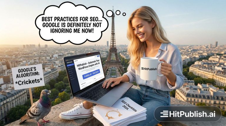 Six practical SEO tips shown alongside HitPublish.ai for AI-assisted WordPress publishing via REST API