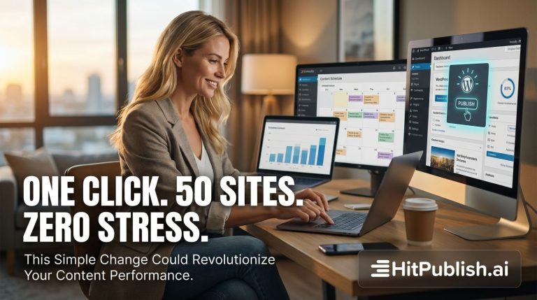 A marketer analyzes a dashboard showing rising SEO metrics after automated WordPress publishing via HitPublish.ai