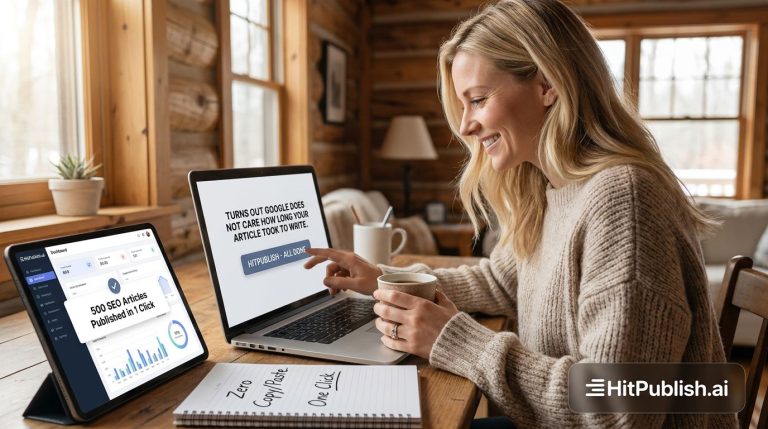 Article showing a writer near a computer with HitPublish logo, emphasizing AI-assisted SEO and WordPress publishing