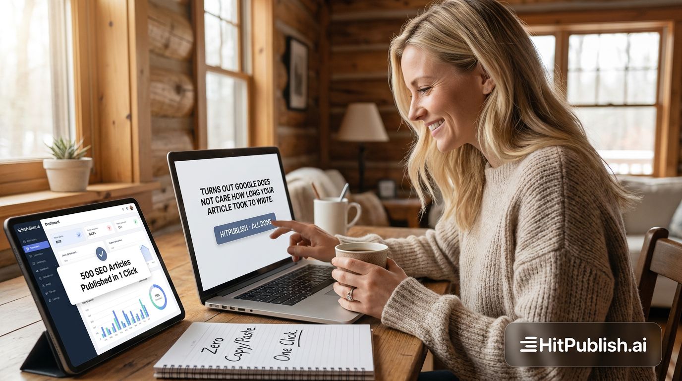 Article showing a writer near a computer with HitPublish logo, emphasizing AI-assisted SEO and WordPress publishing