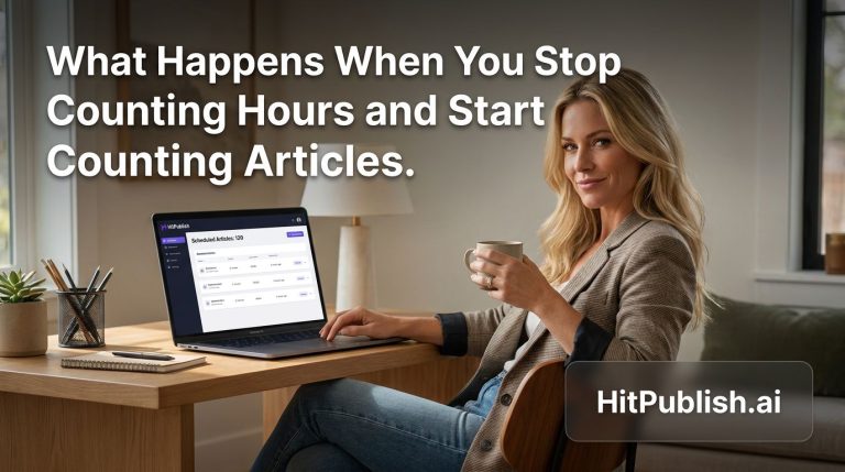 A notebook and laptop showing article metrics, illustrating shift from hours to article-focused output