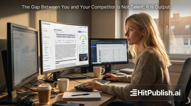 A dashboard showing rapid content production and growth metrics driving competitive advantage