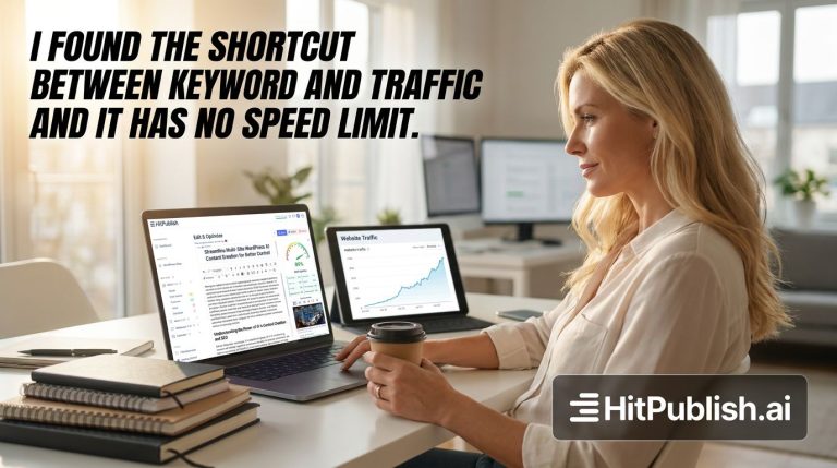 Diagram showing keyword research, content system, and publishing workflow accelerating traffic