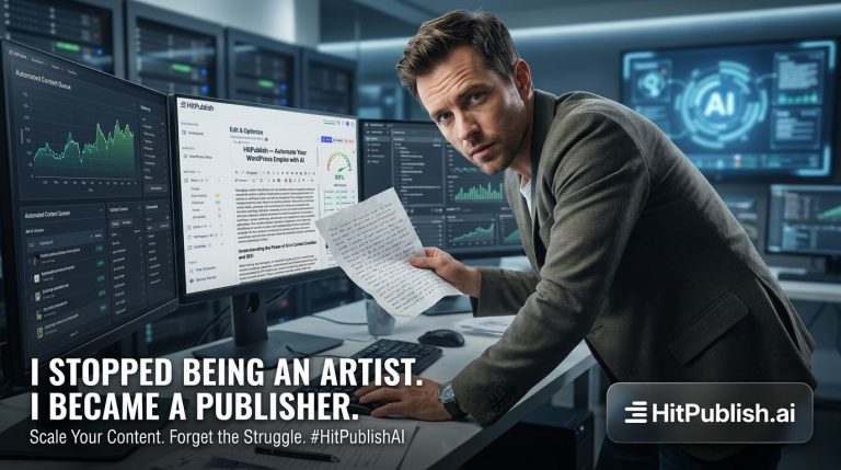A writer at a desk with a laptop, graphs and code symbols showing AI-assisted publishing workflow