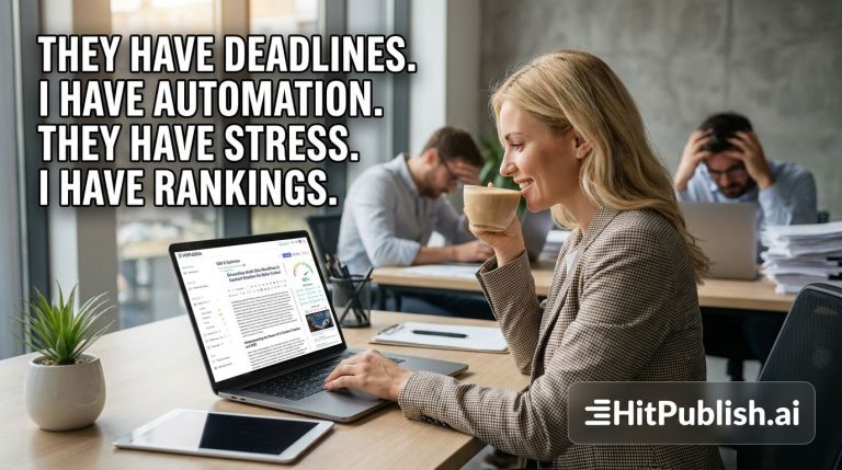 A marketer compares a chaotic deadline-driven desk with a calm automation dashboard showing rising rankings