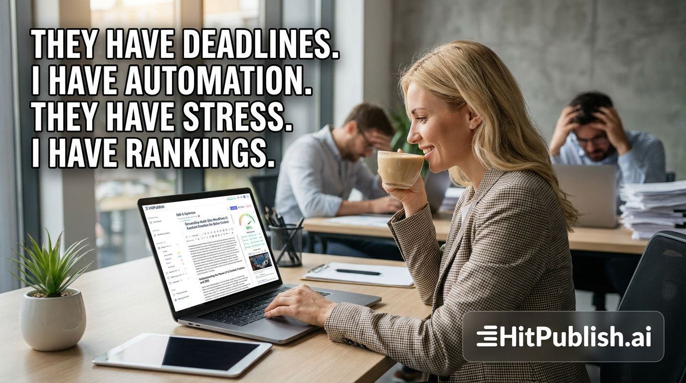 A marketer compares a chaotic deadline-driven desk with a calm automation dashboard showing rising rankings