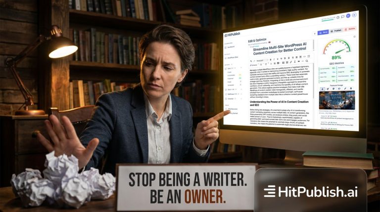 Professional image showing a content creator transitioning from writing to ownership, with AI publishing to WordPress via API