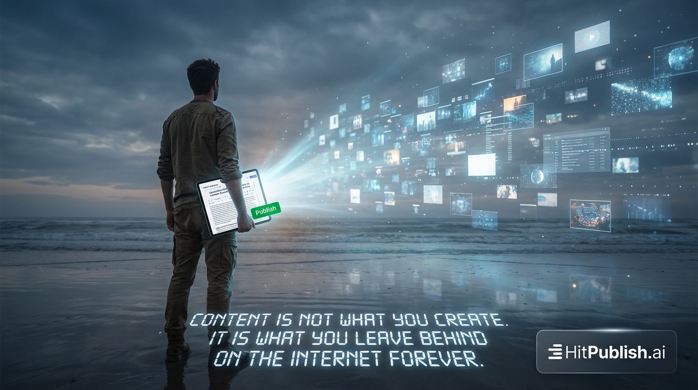 A person viewing a timeline of posts fading into a lasting digital footprint on a monitor