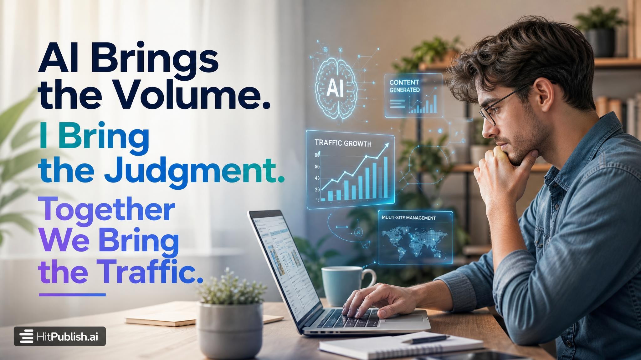 AI-driven analytics dashboard with traffic arrows and a judge’s gavel over a digital SEO chart