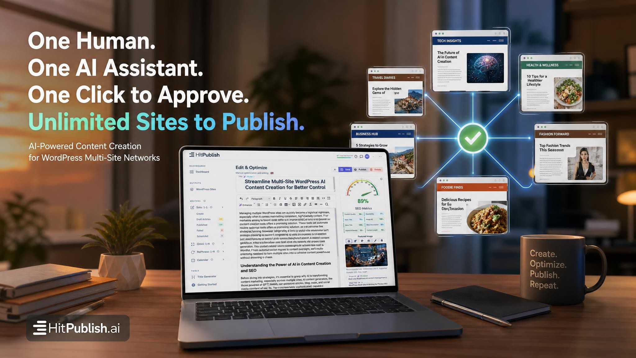 A human at a desk collaborates with an AI assistant to approve and publish multiple WordPress sites quickly
